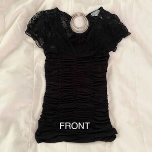 Vizio V-Neck Ruched Top with Lace and Back Detailing - Small, Black